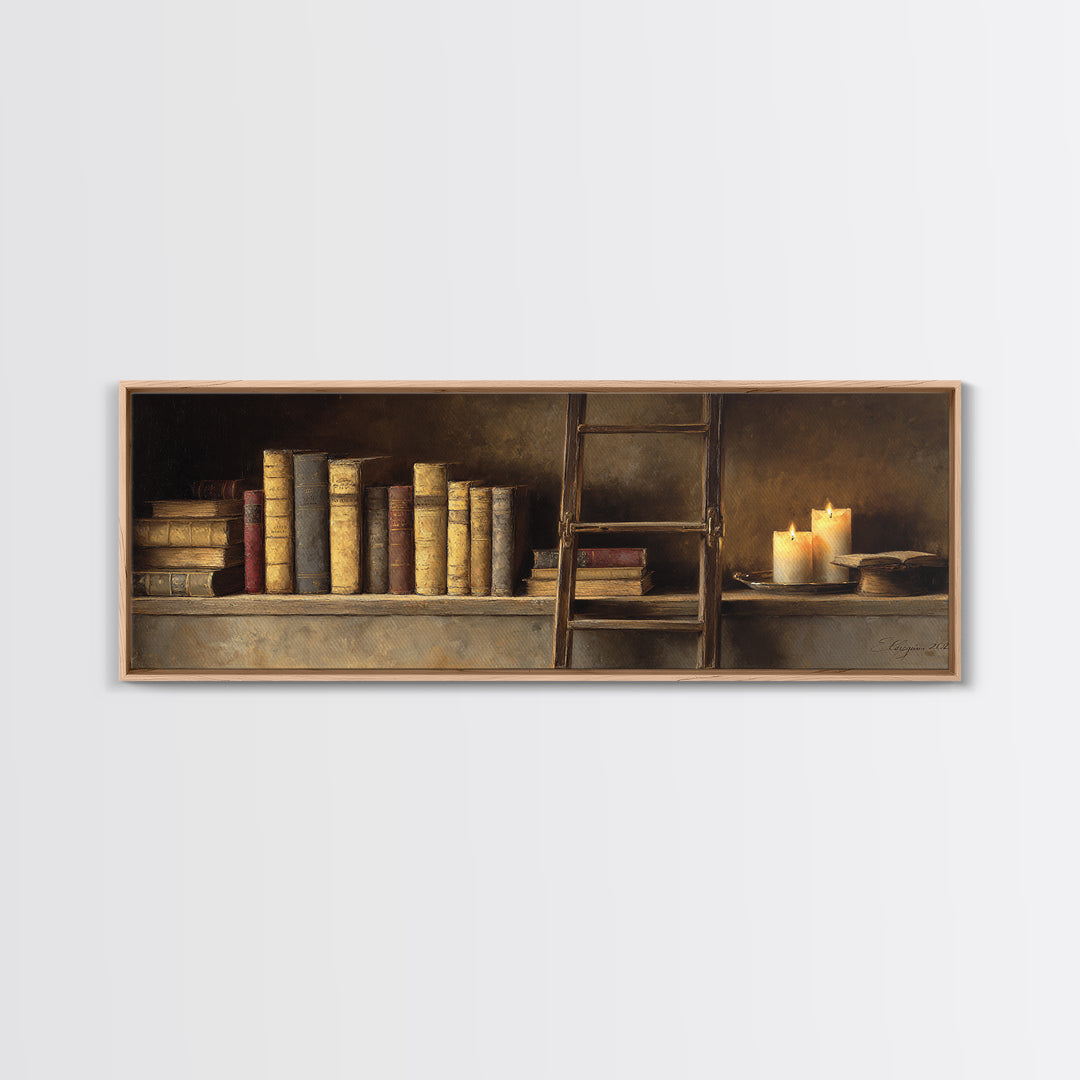 Rolling Library Ladder Canvas Print, Library Art, Printable Wall Art, Library Decor, Fine Art, Archive, Moody Wall Art, LIB-3x1-91