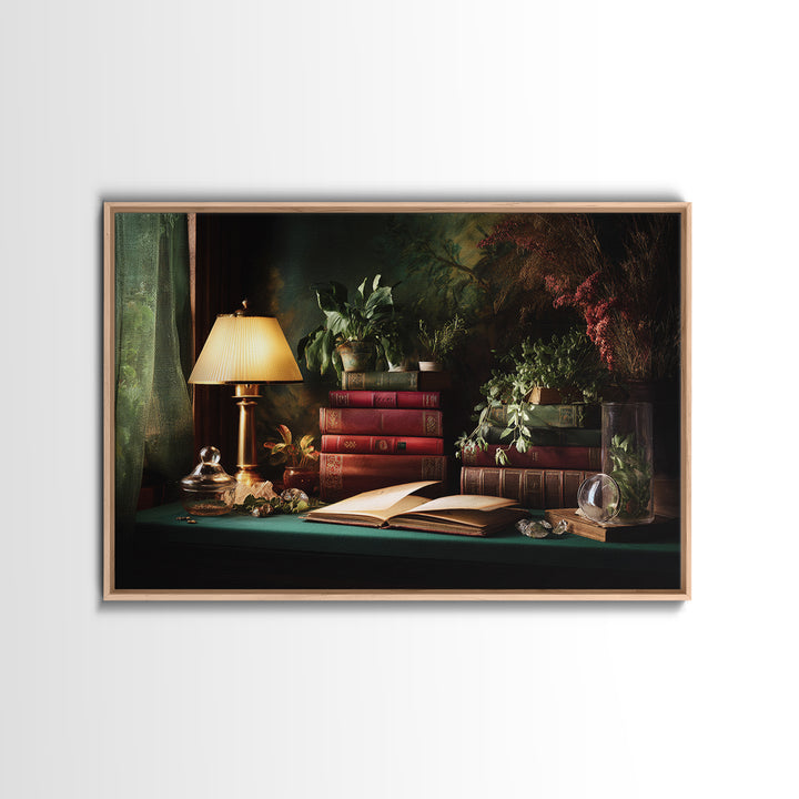 Warm Reading Lamp and Small Plant Still Canvas Print, Library Art, Bookish Decor, Library Decor, Archive, Modern Decor, LIB-3x2-1