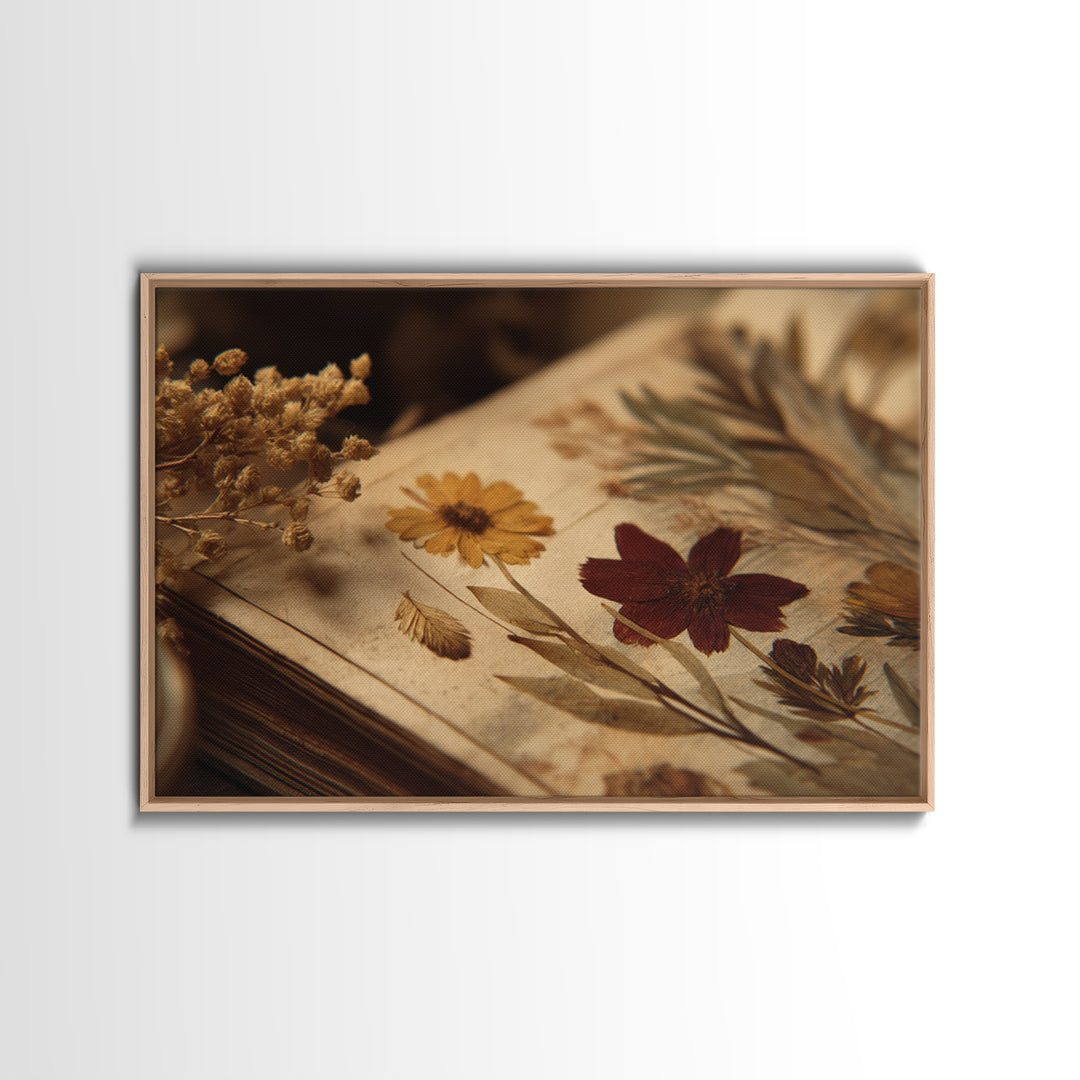 Botanical Pressed Flowers Inside Old Pages Framed Canvas Print, Library Art, Botanical Art, Library Decor, Watercolor Art, LIB-3x2-13