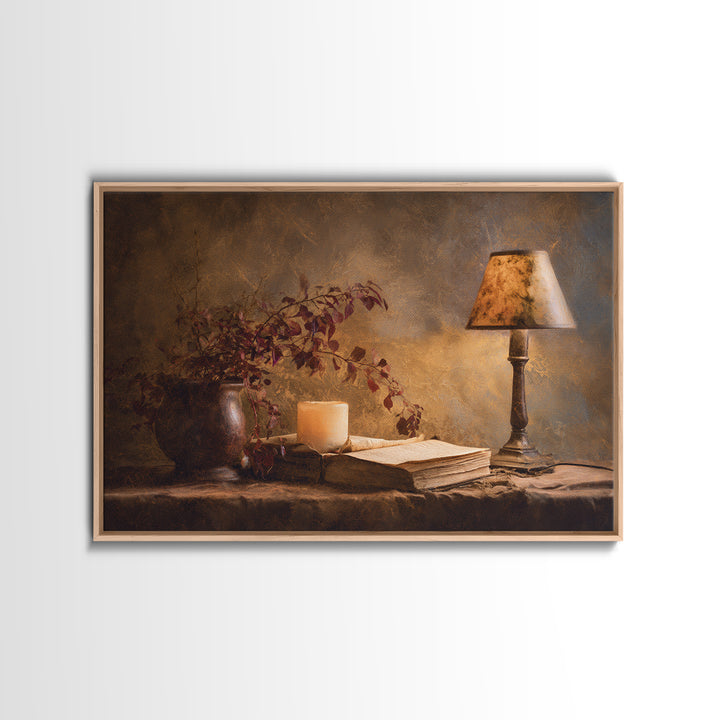 Warm Reading Lamp and Small Plant Still Framed Canvas Print, Library Art, Dark Academia Art, Library Decor, Abstract Art, LIB-3x2-25