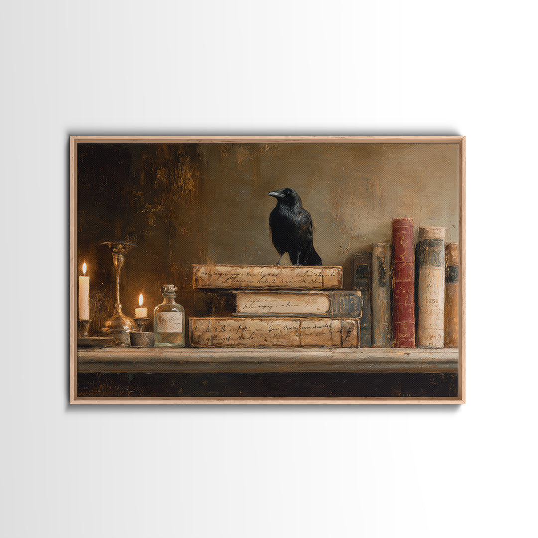 Black Raven Perched on Closed Book Framed Canvas Print, Library Art, Book Art, Library Decor, Oil Painting, Archive, LIB-3x2-50