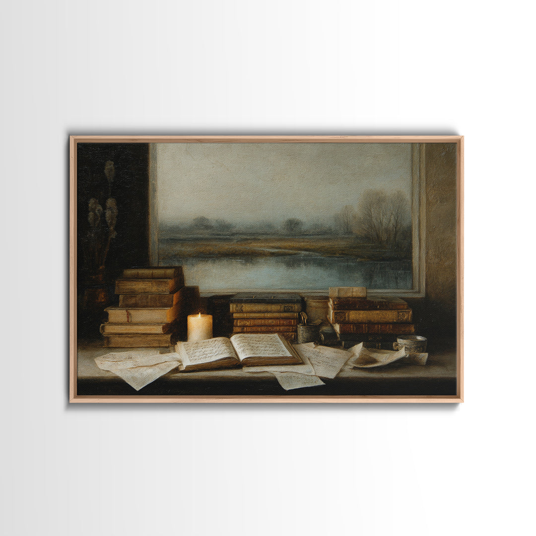 Moonlit Window with Floating Pages Framed Canvas Print, Library Art, Textured Painting, Library Decor, Fine Art, Archive, LIB-3x2-60