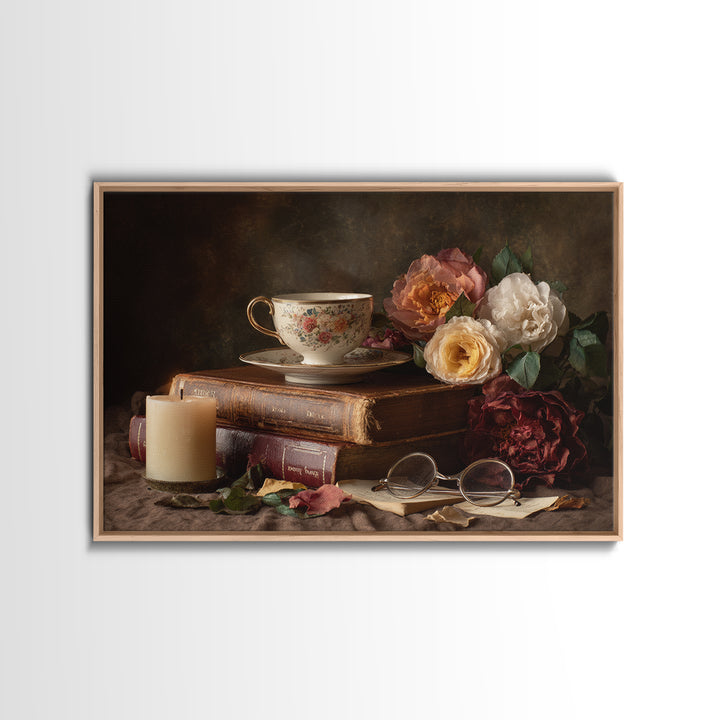 Teacup Beside a Novel and Roses Canvas Print, Library Art, Library Decor, Fine Art, Archive, Neutral Decor, Modern Decor, LIB-3x2-66