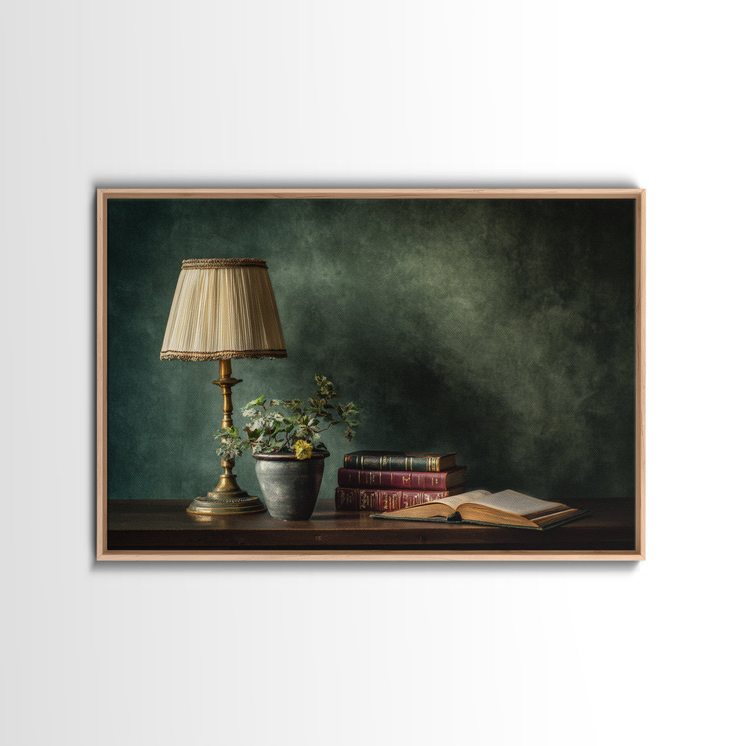 Warm Reading Lamp and Small Plant Still Canvas Print, Library Art, Neutral Decor, Library Decor, Fine Art, Archive, Home Decor, LIB-3x2-73