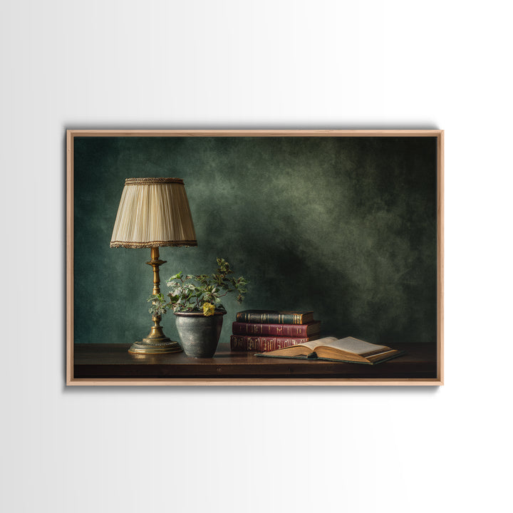 Warm Reading Lamp and Small Plant Still Canvas Print, Library Art, Neutral Decor, Library Decor, Fine Art, Archive, Home Decor, LIB-3x2-73