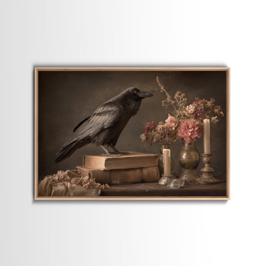 Black Raven Perched on Closed Book Framed Canvas Print, Library Art, Book Art, Library Decor, Oil Painting, Archive, LIB-3x2-74