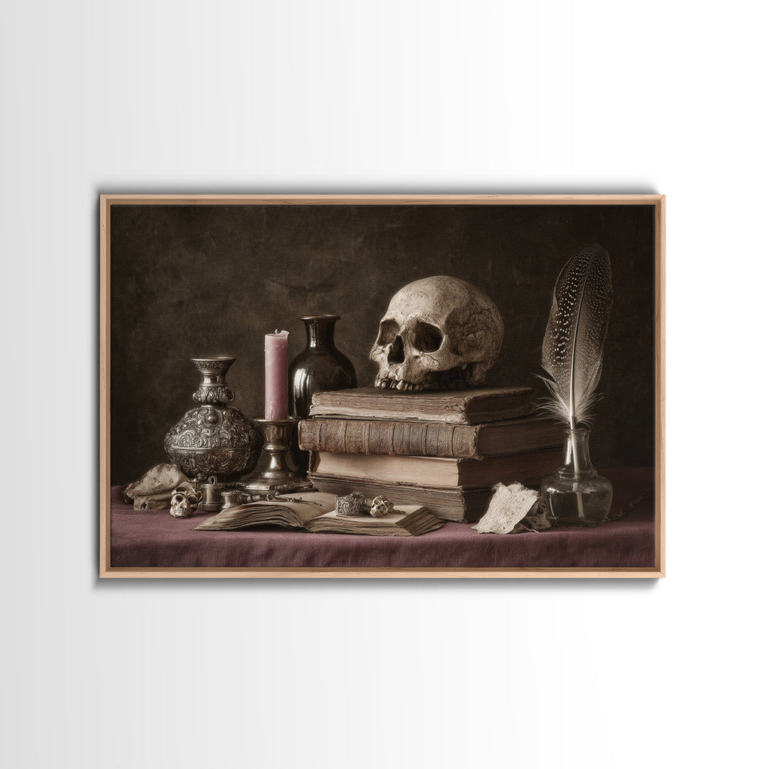 Dark Academia Skull Book and Quill Still Framed Canvas Print, Library Art, Fine Art Print, Library Decor, Fine Art, Archive, LIB-3x2-81