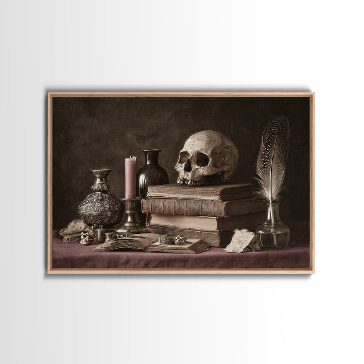 Dark Academia Skull Book and Quill Still Framed Canvas Print, Library Art, Fine Art Print, Library Decor, Fine Art, Archive, LIB-3x2-81