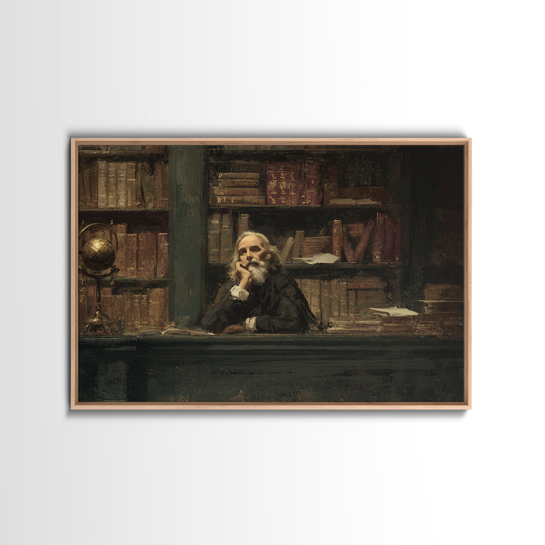 Classical Scholar Portrait Framed Canvas Print, Library Art, Halloween Wall Decor, Library Decor, Oil Painting, Archive, LIB-3x2-86