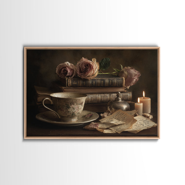 Teacup Beside a Novel and Roses Framed Canvas Print, Library Art, Black Cat Art, Library Decor, Fine Art, Archive, Luxury Decor, LIB-3x2-90