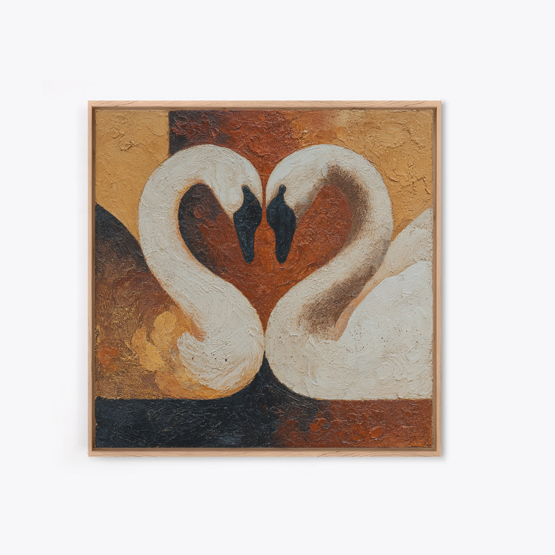 Two Swans Forming a Heart Shape Framed Canvas Print, Line Art, Textured Painting, Living Room Decor, Abstract Art, Line, LIN-1x1-40