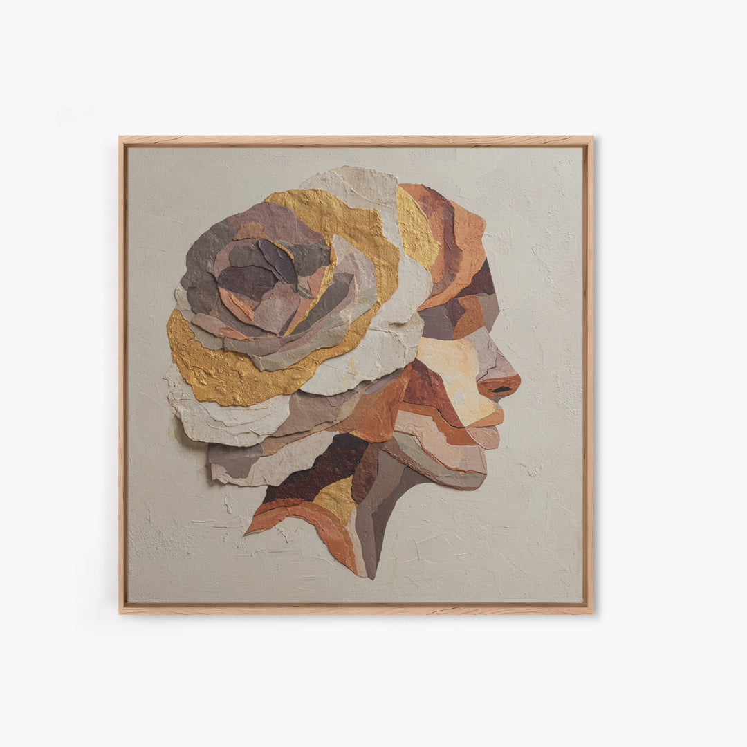 Face and Flower Blended into One Contour Framed Canvas Print, Line Art, Boho Wall Art, Living Room Decor, Fine Art, Line, LIN-1x1-56