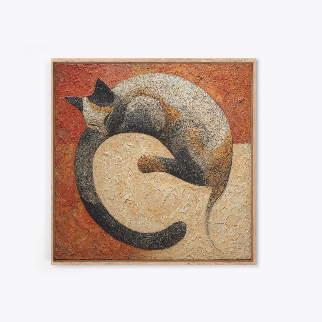 Monoline Cat Stretching Framed Canvas Print, Line Art, Black and White Art, Living Room Decor, Abstract Art, Line, LIN-1x1-6