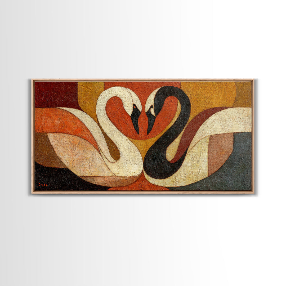 Two Swans Forming a Heart Shape Framed Canvas Print, Line Art, Textured Painting, Living Room Decor, Abstract Art, Line, LIN-2x1-12