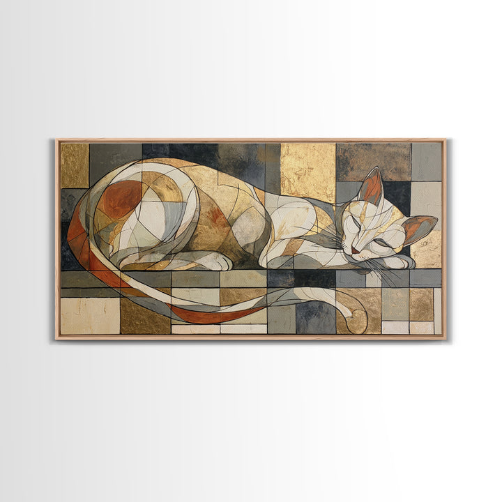 Monoline Cat Stretching Framed Canvas Print, Line Art, Digital Wall Art, Living Room Decor, Fine Art, Line, Minimalist Wall Art, LIN-2x1-50