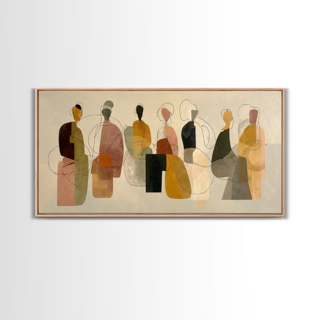 Abstract Family Figures Framed Canvas Print, Line Art, Boho Decor, Living Room Decor, Oil Painting, Line, Minimalist Art, LIN-2x1-92
