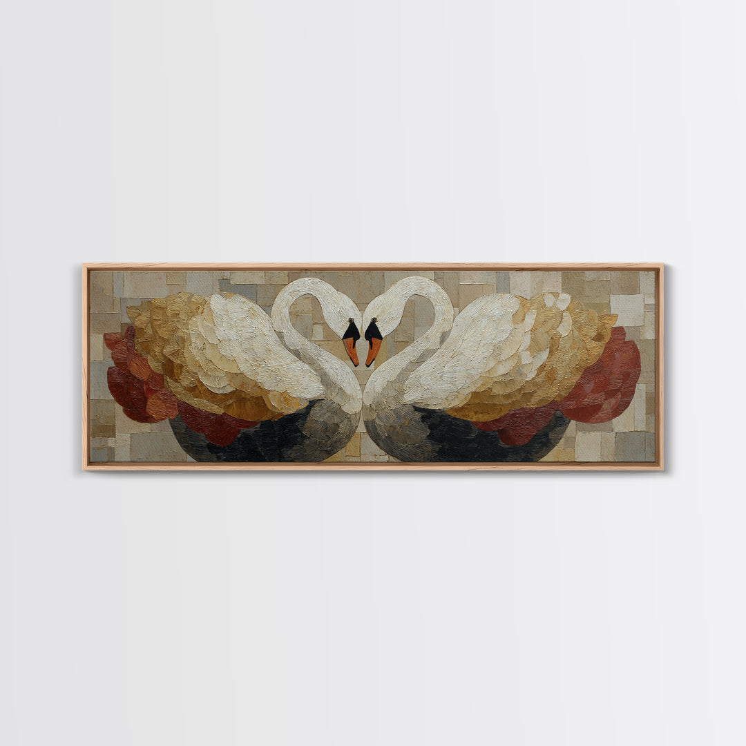 Two Swans Forming a Heart Shape Framed Canvas Print, Line Art, Wall Art, Living Room Decor, Fine Art, Line, Wall Art Print, LIN-3x1-56