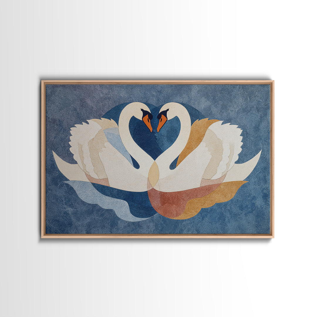 Two Swans Forming a Heart Shape Framed Canvas Print, Line Art, Boho Wall Decor, Living Room Decor, Abstract Art, Line, LIN-3x2-92
