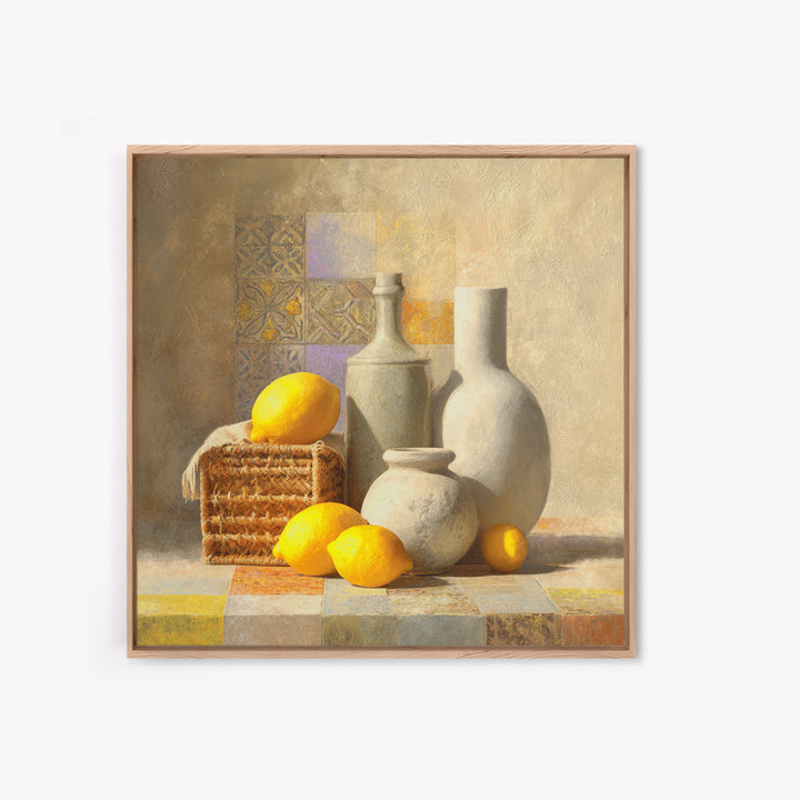 Warm Mediterranean Lemon Still Life Framed Canvas Print, Living Room Art, Dopamine Decor, Living Room Decor, Abstract Art, LIR-1x1-42