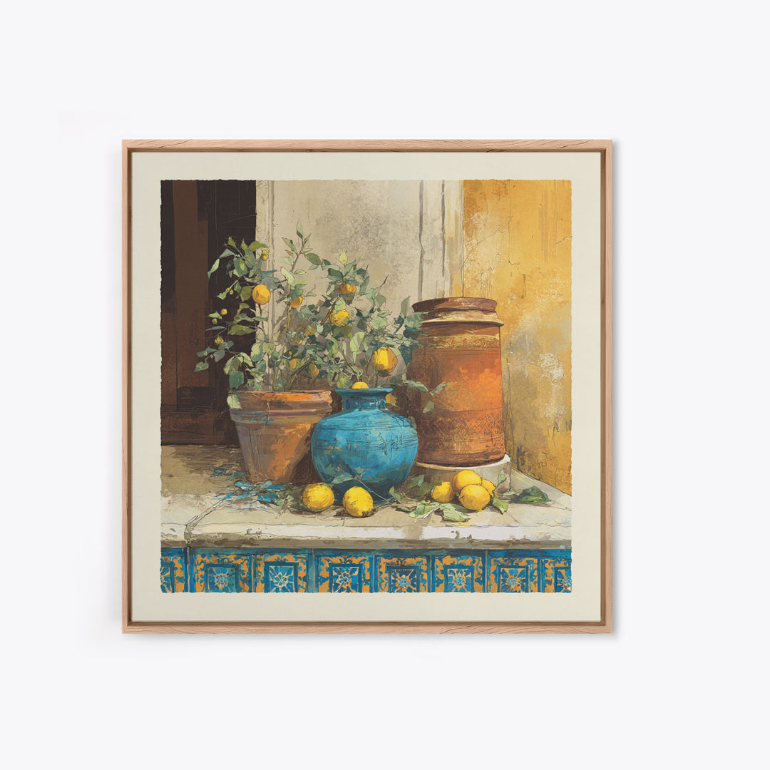 Warm Mediterranean Lemon Still Life Framed Canvas Print, Living Room Art, Dopamine Decor, Living Room Decor, Abstract Art, LIR-1x1-66