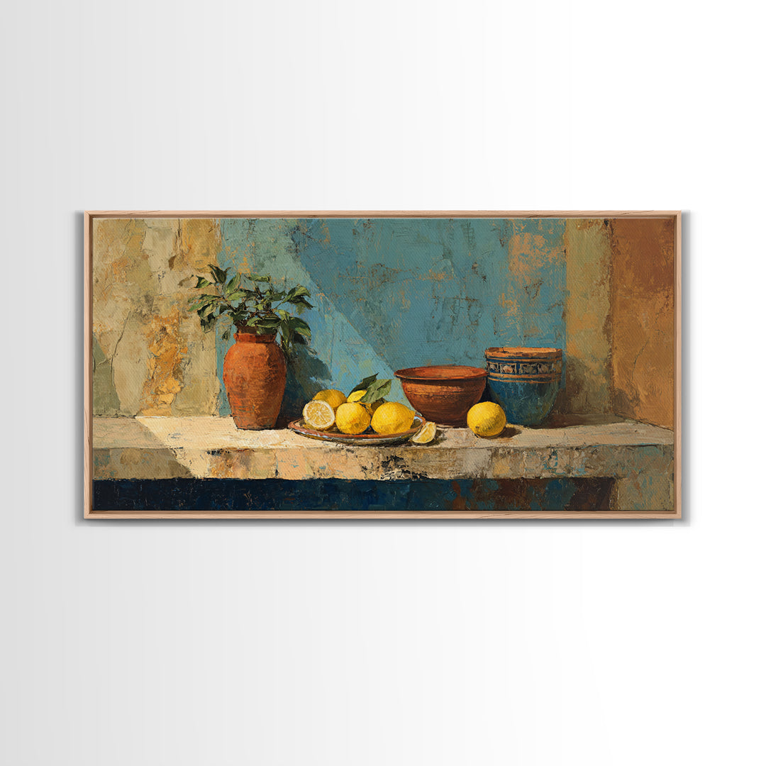 Warm Mediterranean Lemon Still Life Canvas Print, Living Room Art, Wall Art, Living Room Decor, Oil Painting, Living, LIR-2x1-62