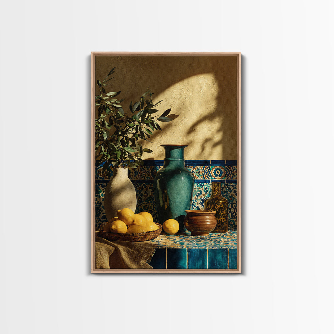 Warm Mediterranean Lemon Still Life Framed Canvas Print, Living Room Art, Living Room Decor, Abstract Art, Living, LIR-2x3-26