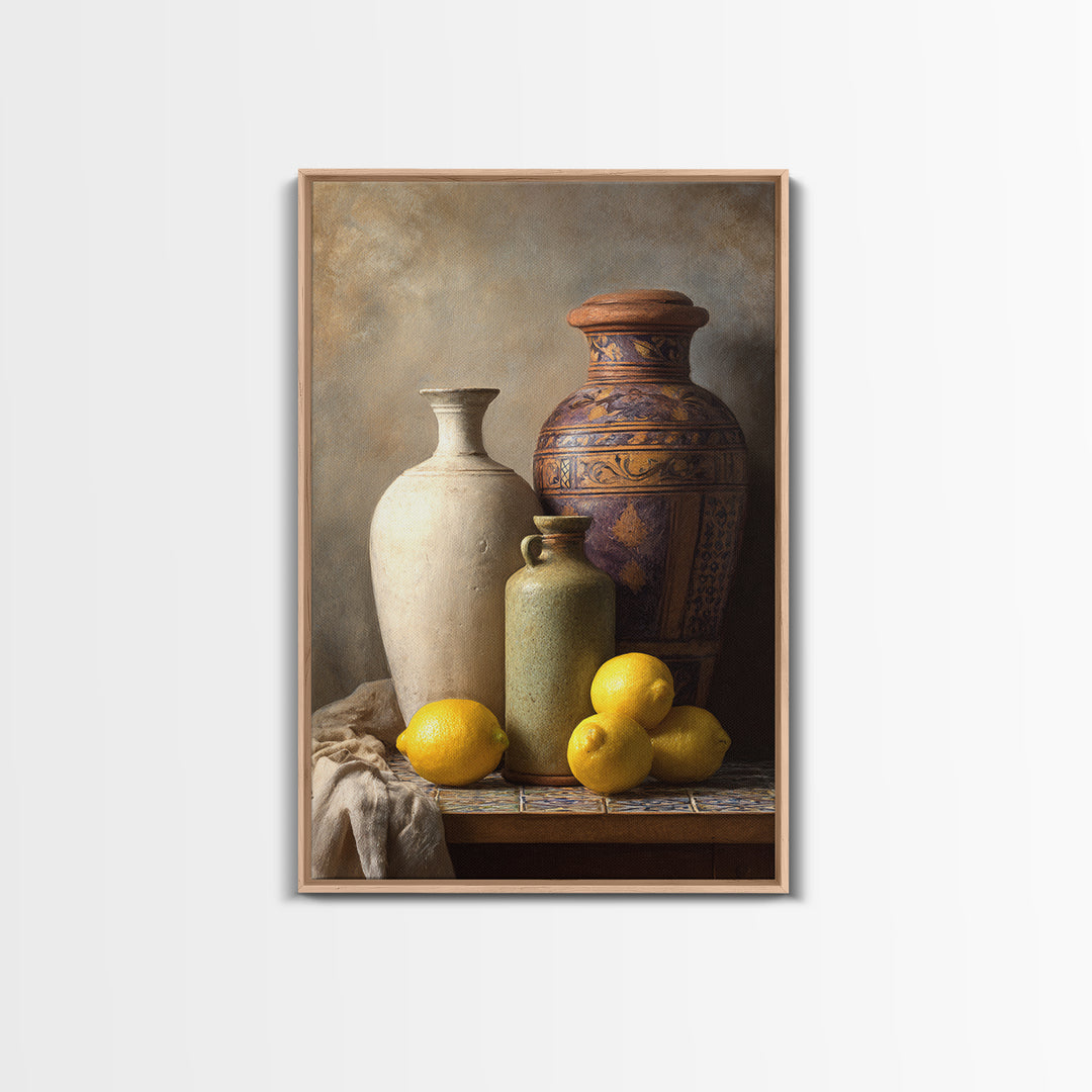 Warm Mediterranean Lemon Still Life Framed Canvas Print, Living Room Art, Living Room Decor, Watercolor Art, Living, LIR-2x3-74