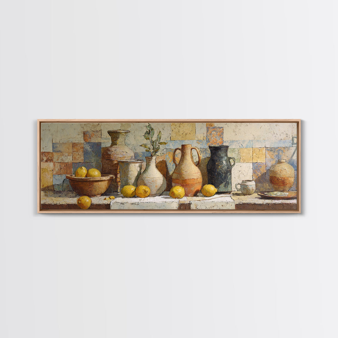 Warm Mediterranean Lemon Still Life Canvas Print, Living Room Art, Oil Painting, Living Room Decor, Abstract Art, Living, LIR-3x1-34
