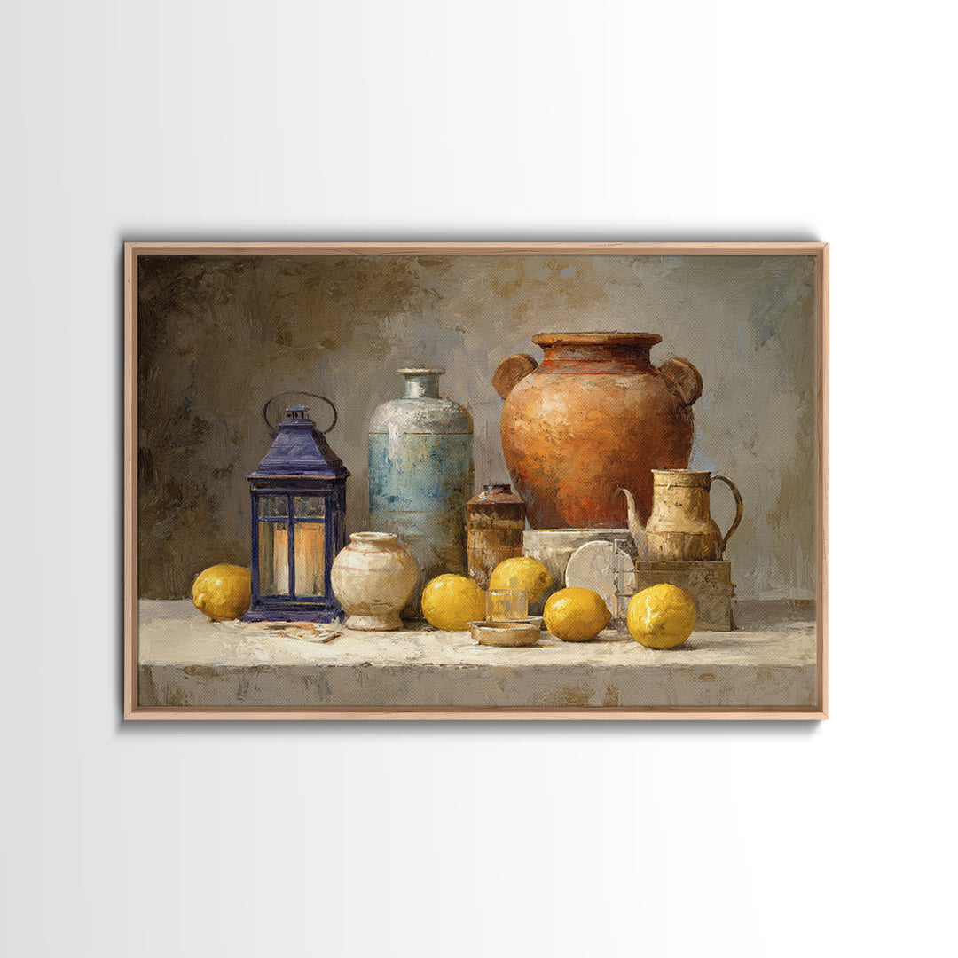 Warm Mediterranean Lemon Still Life Framed Canvas Print, Living Room Art, Printable Art, Living Room Decor, Fine Art, Living, LIR-3x2-46