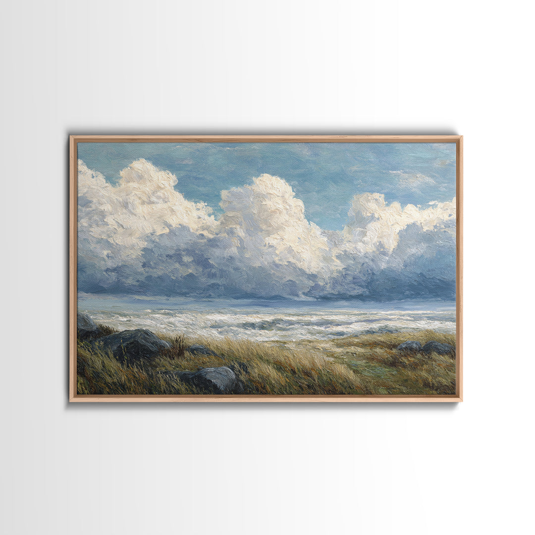 Large Cloudscape with Gentle Movement Framed Canvas Print, Living Room Art, 3 Piece Wall Art, Living Room Decor, Watercolor Art, LIR-3x2-71