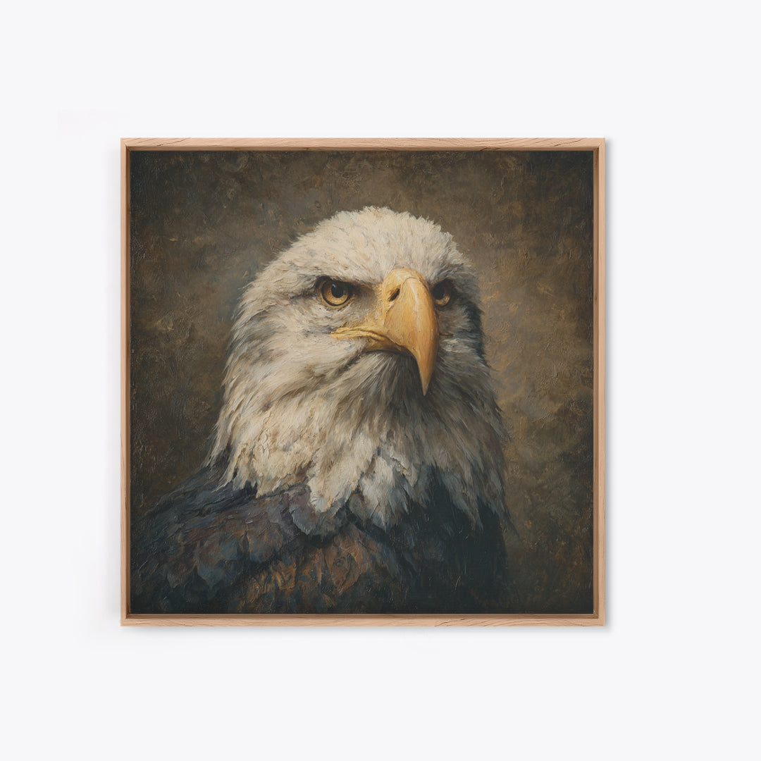 Eagle Portrait with Solemn Presence Framed Canvas Print, Law Office Art, Bookish Wall Art, Office Decor, Fine Art, Counsel, LOA-1x1-6