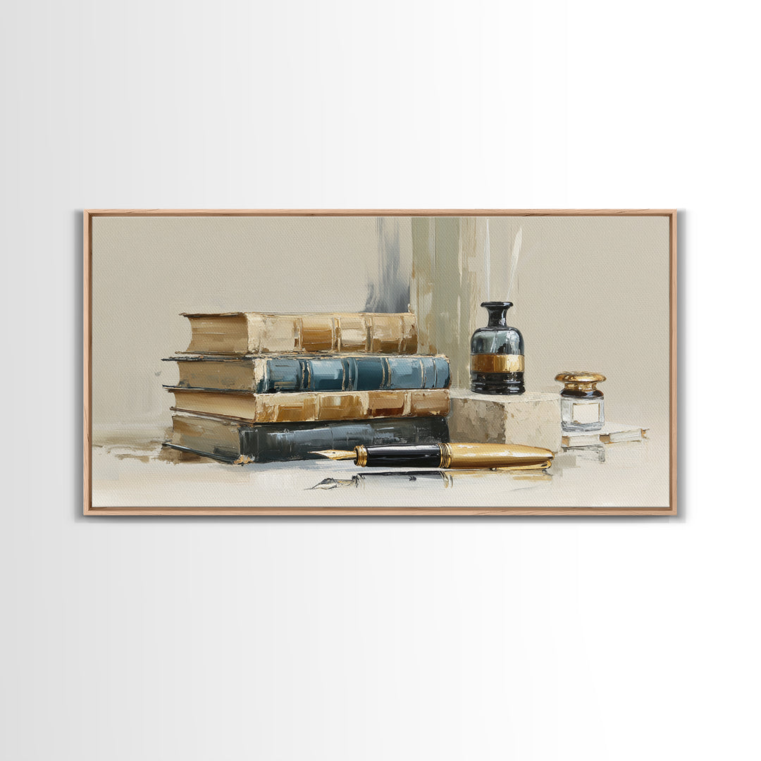 Dignified Law Books and Fountain Pen Still Canvas Print, Law Office Art, Minimalist Decor, Office Decor, Fine Art, Counsel, LOA-2x1-70