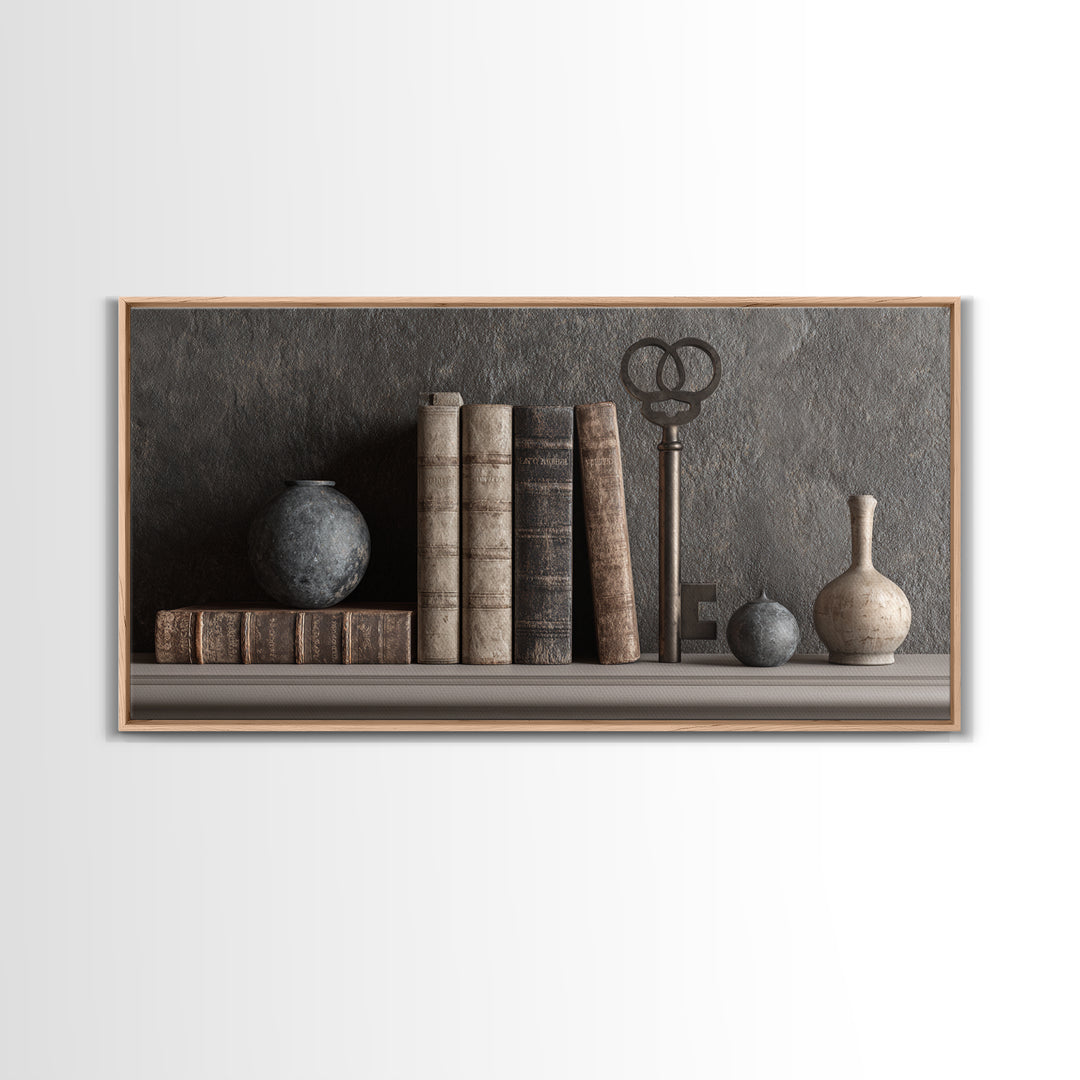 Antique Key and Leather Bound Books Arrangement Framed Canvas Print, Law Office Art, Poster Print, Office Decor, Counsel, LOA-2x1-99