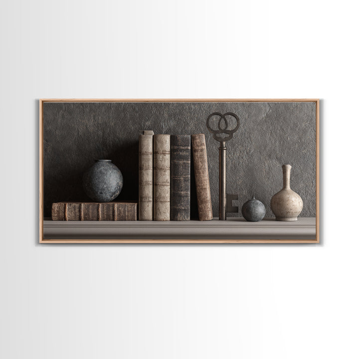 Antique Key and Leather Bound Books Arrangement Framed Canvas Print, Law Office Art, Poster Print, Office Decor, Counsel, LOA-2x1-99