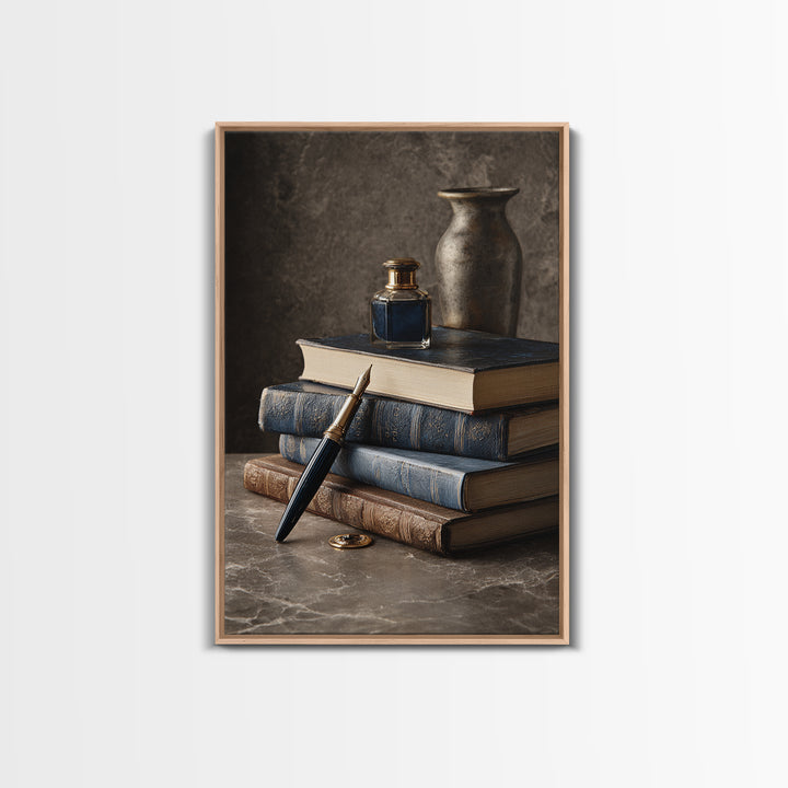 Dignified Law Books and Fountain Pen Still Framed Canvas Print, Law Office Art, Luxury Decor, Office Decor, Fine Art, Counsel, LOA-2x3-34