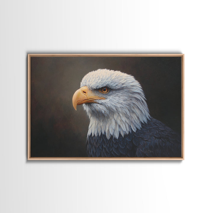 Eagle Portrait with Solemn Presence Framed Canvas Print, Law Office Art, Office Decor, Fine Art, Counsel, Therapy Office Decor, LOA-3x2-10