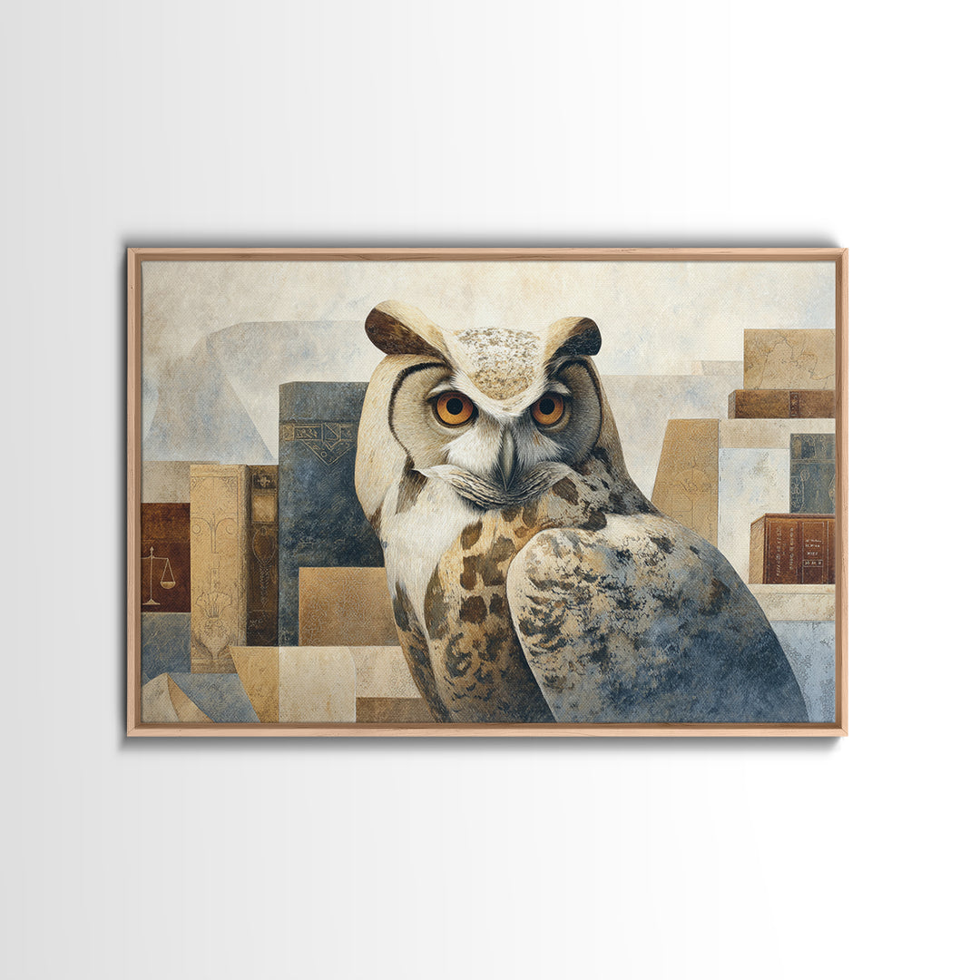 Owl Portrait Representing Wisdom Framed Canvas Print, Law Office Art, Bookish Wall Art, Office Decor, Fine Art, Counsel, LOA-3x2-45