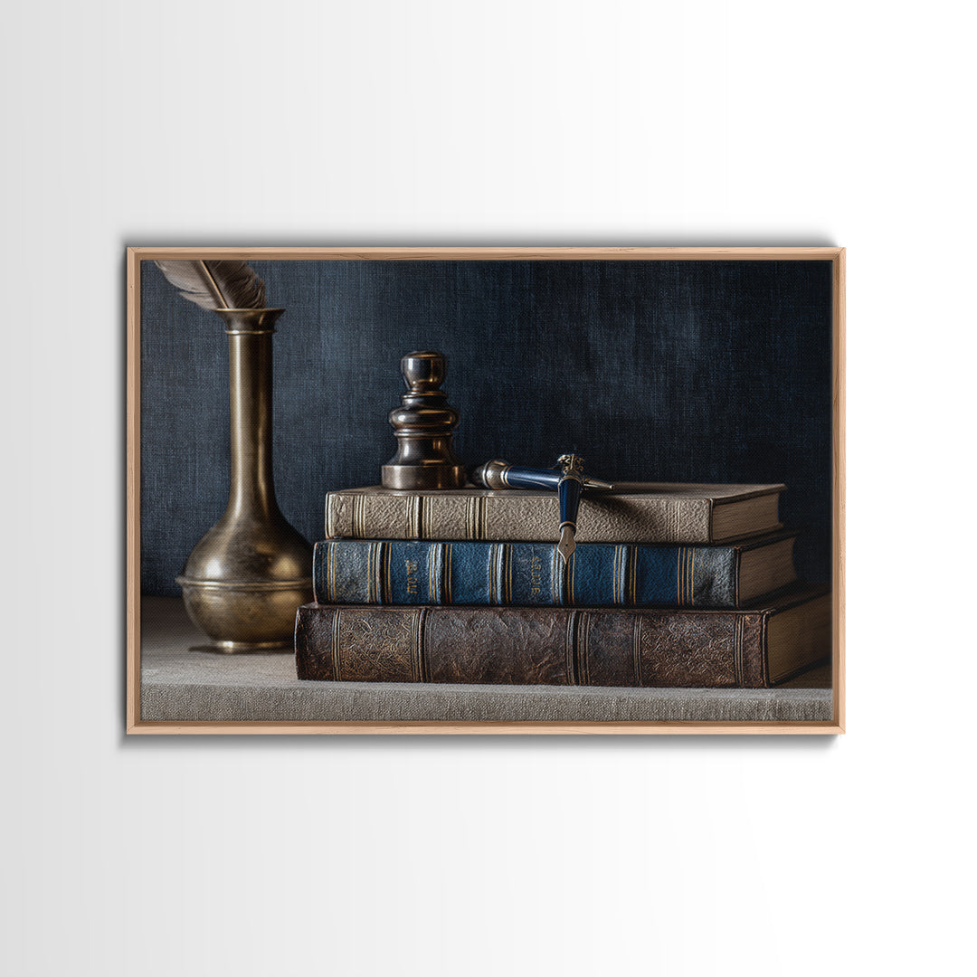 Dignified Law Books and Fountain Pen Still Framed Canvas Print, Law Office Art, Printable, Office Decor, Fine Art, Counsel, LOA-3x2-6