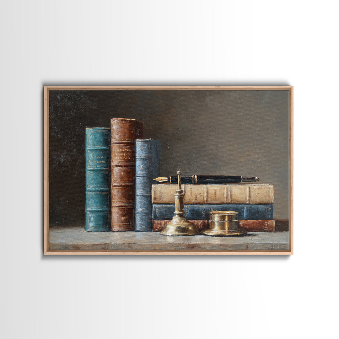 Dignified Law Books and Fountain Pen Still Framed Canvas Print, Law Office Art, Gifts for Lawyers, Office Decor, Counsel, LOA-3x2-78