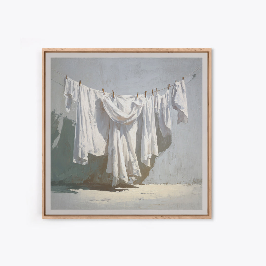 Clothesline with White Linens Blowing in Sunshine Canvas Print, Laundry Room Art, Rustic Home Decor, Living Room Decor, Clean, LRA-1x1-1