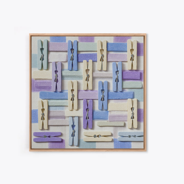 Cheerful Clothespins Arranged as Pattern Framed Canvas Print, Laundry Room Art, Funny Poster, Living Room Decor, Watercolor Art, LRA-1x1-100
