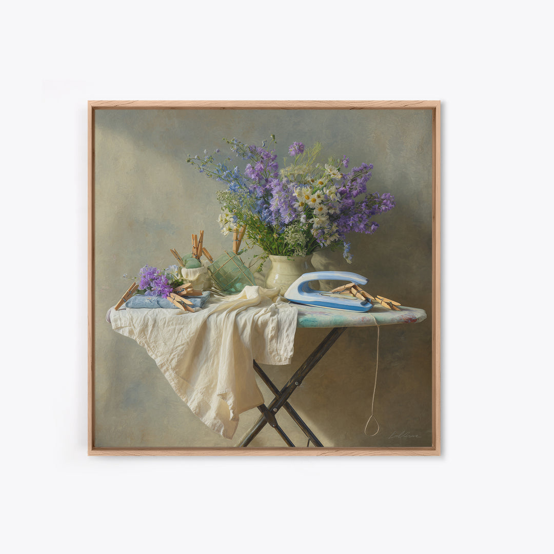 Ironing Board Still Life Framed Canvas Print, Laundry Room Art, Downloadable Art, Living Room Decor, Watercolor Art, Clean, LRA-1x1-24