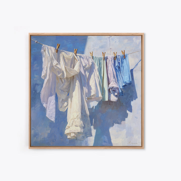 Clothesline with White Linens Blowing in Sunshine Canvas Print, Laundry Room Art, Modern Decor, Living Room Decor, Abstract Art, LRA-1x1-25