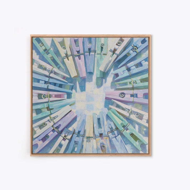 Cheerful Clothespins Arranged as Pattern Framed Canvas Print, Laundry Room Art, Artwork, Living Room Decor, Oil Painting, Clean, LRA-1x1-28