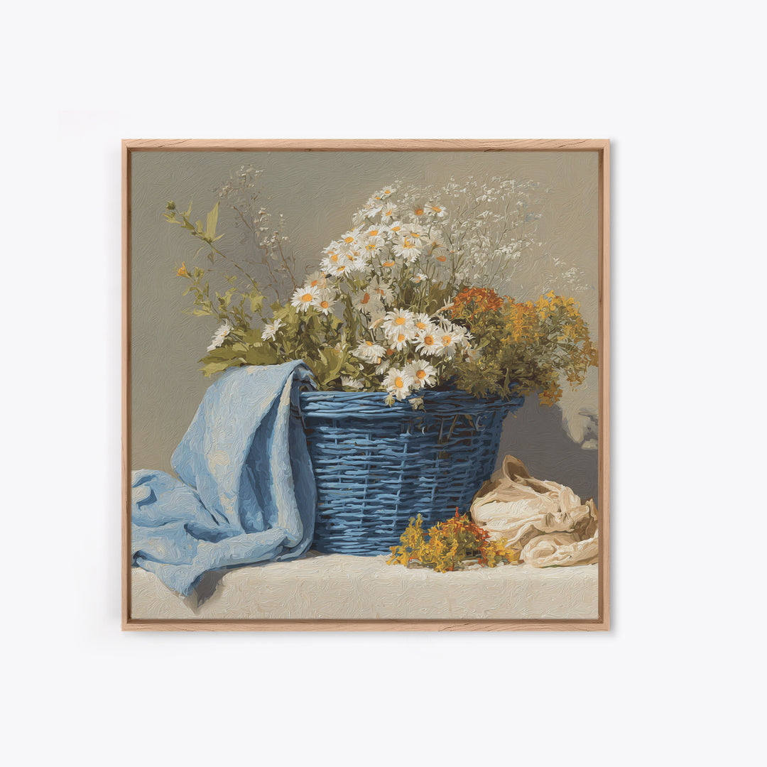 Blue Laundry Basket Framed Canvas Print, Laundry Room Art, Fine Art Print, Living Room Decor, Fine Art, Clean, Painting, LRA-1x1-29