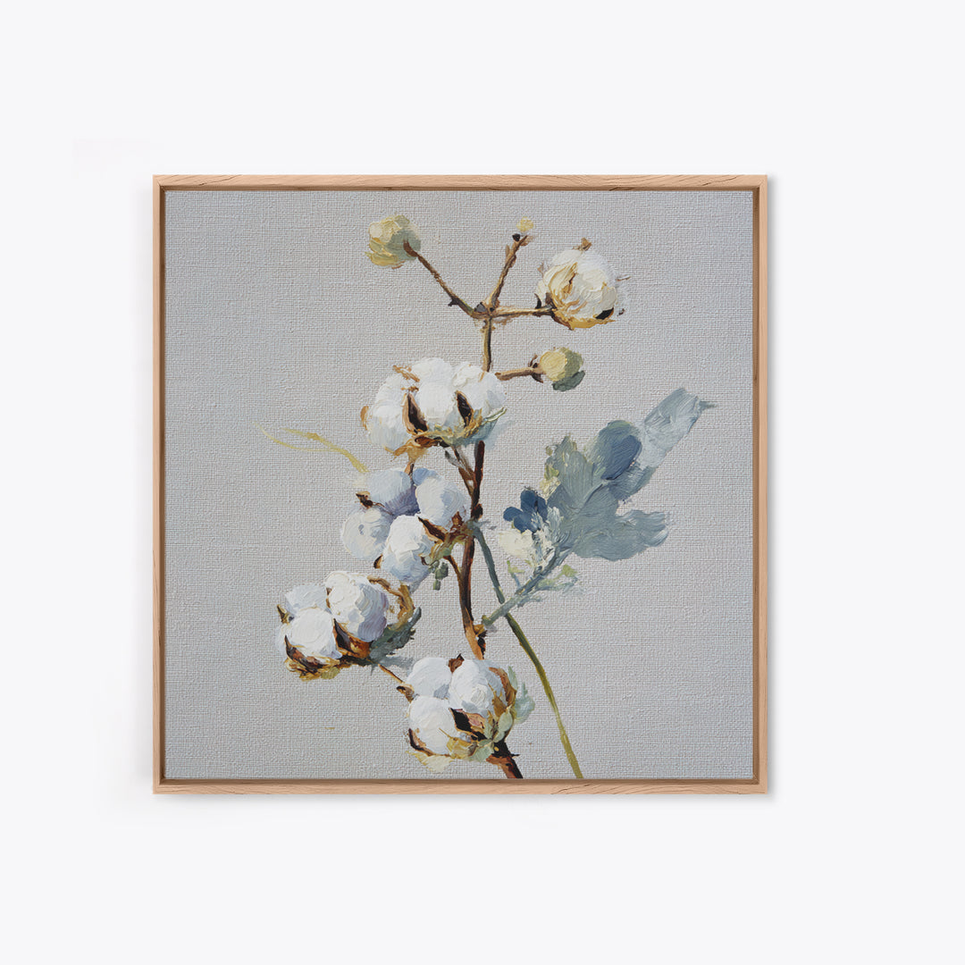 Fresh Cotton Branch Botanical Study Canvas Print, Laundry Room Art, Retro Wall Art, Living Room Decor, Watercolor Art, Clean, LRA-1x1-31