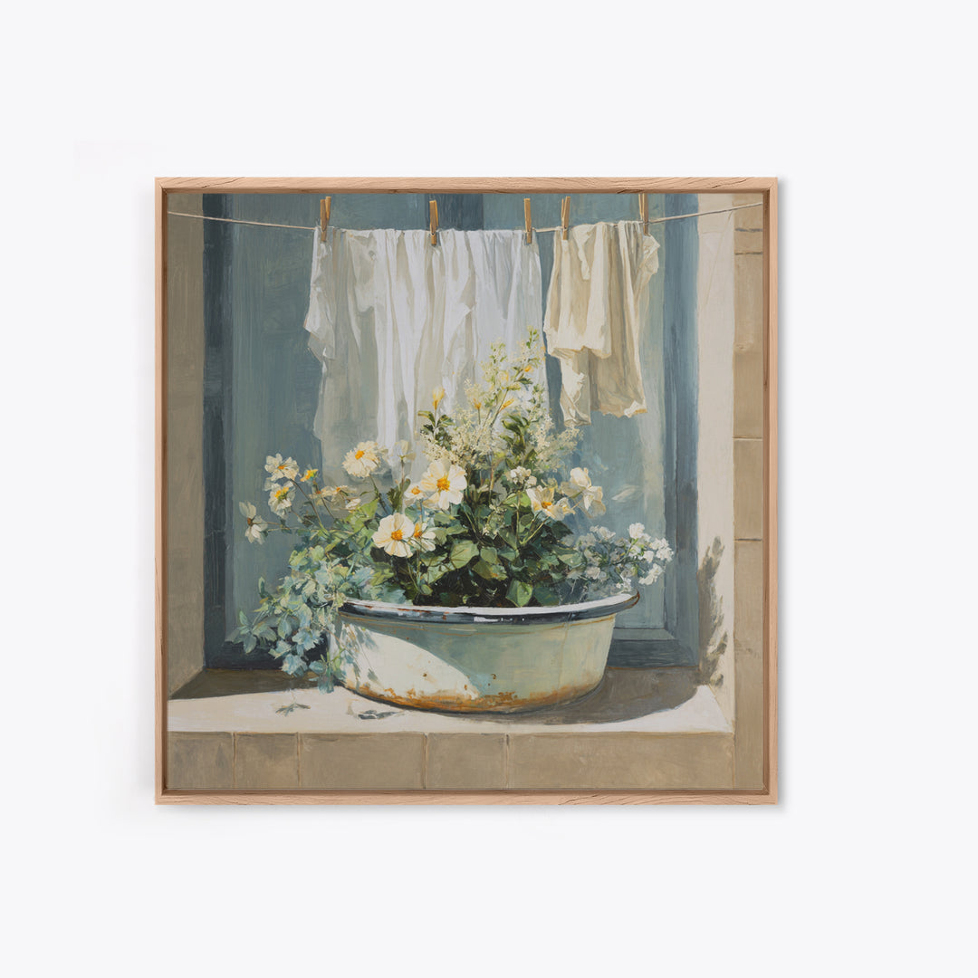 Old Enamel Basin Filled Framed Canvas Print, Laundry Room Art, Gallery Decor, Living Room Decor, Fine Art, Clean, LRA-1x1-32