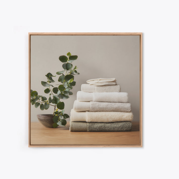 Sunlit White Towels and Eucalyptus Branch Canvas Print, Laundry Room Art, Farmhouse Wall Decor, Living Room Decor, LRA-1x1-35