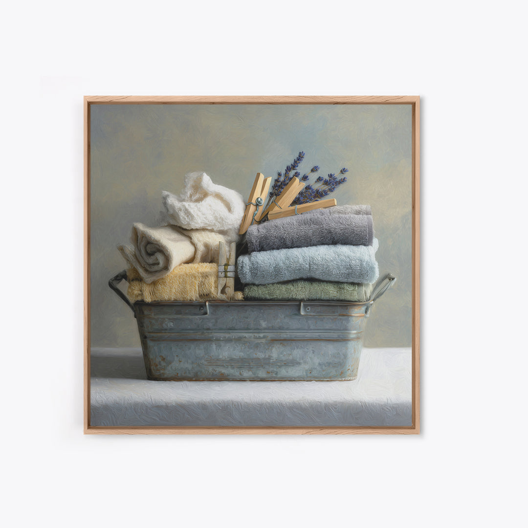 Basket of Folded Towels Framed Canvas Print, Laundry Room Art, Rustic Home Decor, Living Room Decor, Fine Art, Clean, LRA-1x1-38