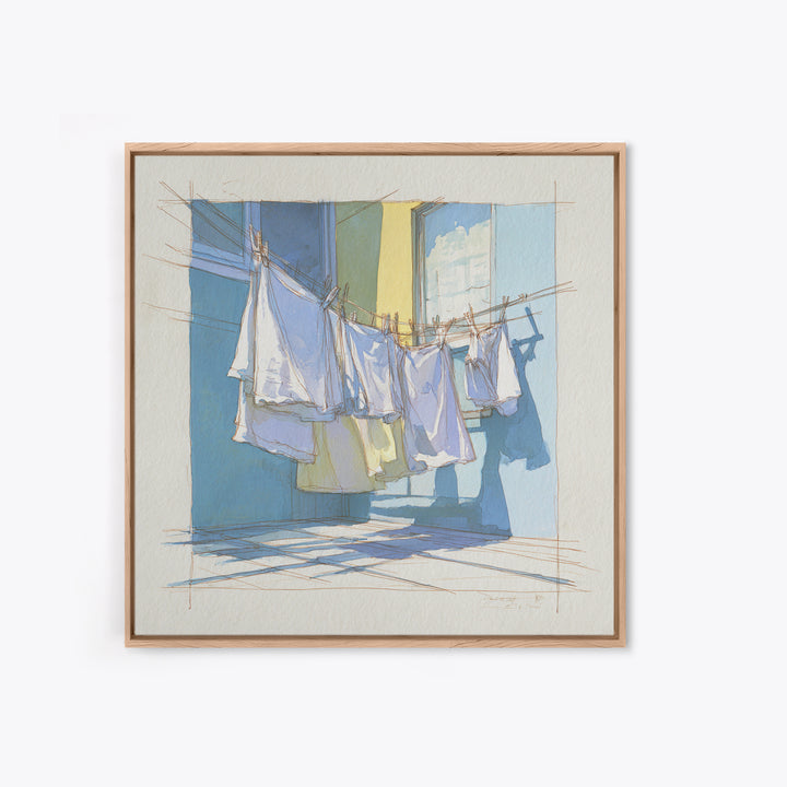 Simple Line Drawing of Hanging Laundry Framed Canvas Print, Laundry Room Art, Art Print, Living Room Decor, Abstract Art, Clean, LRA-1x1-40